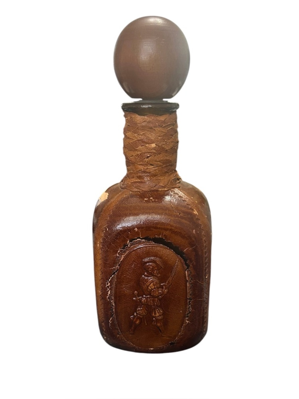Vintage primitive MCM Italian Leather Covered  Bottle Bar Decanter Brown